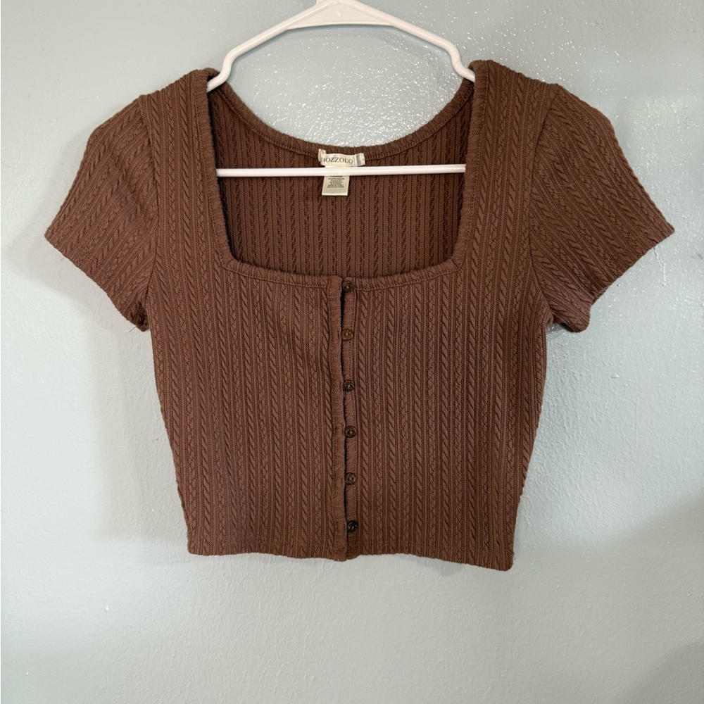 Bozzolo Brown Ribbed Crop Button Down Shirt
